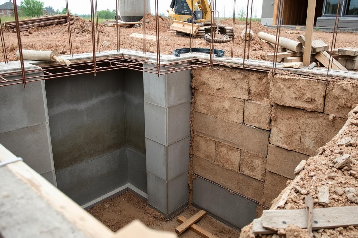 Poured concrete foundation walls with rebar at a new home